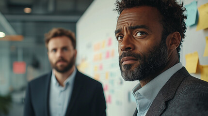 two business colleagues in discussion near a whiteboard in a modern corporate office