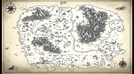 Hand-drawn black and white map of a fictional world with mountains, forests, rivers, and a compass.