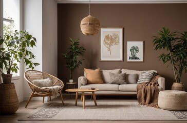  Scandinavian, Boho interior design of modern living room with accent armchair and big frame on brown wall. Lively decor highlights a simple, country style with modern elements.