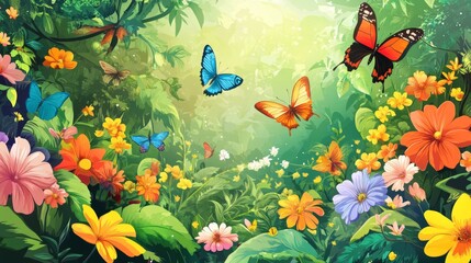 Vector illustration of a garden filled with colorful flowers, butterflies, and birds. 