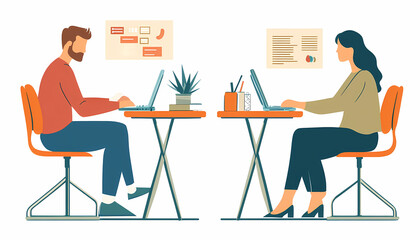 Office Productivity Man and Woman Working at Desks with Laptops