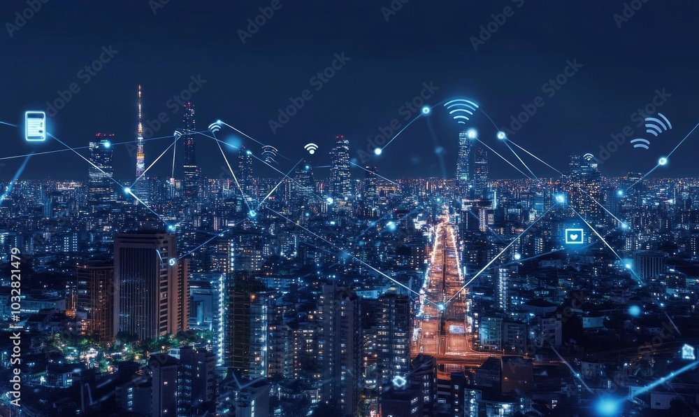 Poster the modern creative communication and internet network connect in smart city . concept of 5g wireles