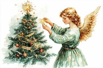 christmas angel illustration, a classic drawing showing a christmas angel placing a golden star on a festive tree, set against a white background