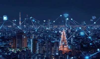 Obraz premium The modern creative communication and internet network connect in smart city . Concept of 5G wireless digital connection and internet of things future
