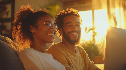 couple sitting side by side in a bright and modern living room, sharing a joyful moment on a laptop