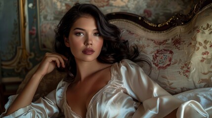 Fototapeta premium Woman in silk robe lounging on vintage floral couch.