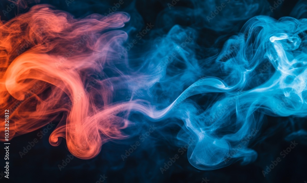 Poster this image shows an intense and dynamic interaction of red and blue abstract smoke with hints of fir
