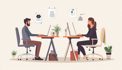 Two vector illustrations of two people working at their desks, one sitting and the other standing on white background. The man is using his laptop while looking for ideas in digital marketing 