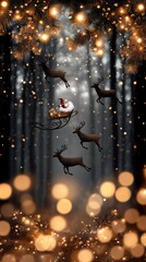 Santa Claus joyfully rides in his sleigh, pulled by reindeer, as they glide through the dark night sky filled with twinkling stars, embodying the spirit of Christmas.