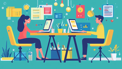Flat illustrations of two people working together at their desks, with one person sitting on the left side and another woman seated to his right., Flat illustration style with simple shapes and lines,