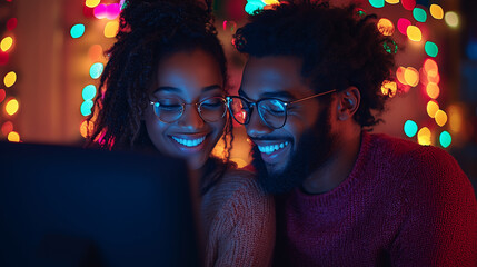 couple celebrates with festive lights around them, smiling as they look at a laptop screen together