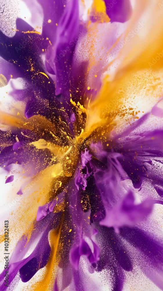 Poster abstract explosion of purple and gold paint, vibrant color experiment. artistic creativity and dynam