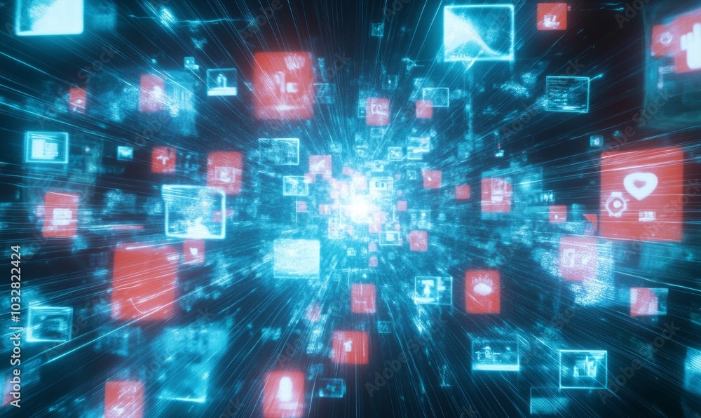 Aufkleber vfx animated background with virtual social media reality interconnected by internet into worldwide 