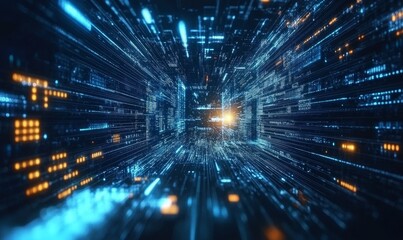 Fototapeta premium Virtual Data Center. Digital streams and future technology. Deep machine learning 3D illustration. Flight in quantum cyberspace