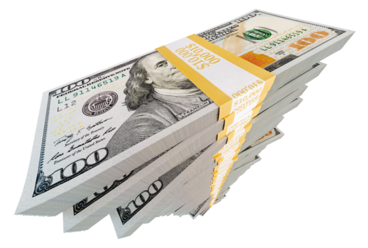 Stacks of One Hundred Dollar Bills Isolated. Transparent PNG.
