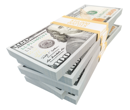 Stacks of One Hundred Dollar Bills Isolated. Transparent PNG.