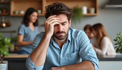 Obraz premium A stressed out father and husband worried about debt and family finances