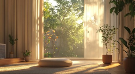 Fototapeta premium living room with a large window, with white floor-to-ceiling windows, beige walls, a carpet, potted plants, and small round cushions.