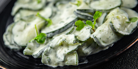 Сucumber salad fresh cream tasty food dish fresh delicious gourmet food background on the table rustic food top view copy space top view keto and paleo diet Vegetarian and vegan food