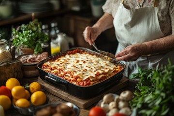 culinary heritage, italian grandma carries on family tradition with love, crafting her special lasagna in cozy kitchen filled with fresh ingredients
