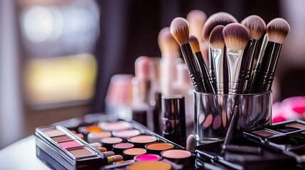 Close-up of makeup brushes and eyeshadow palettes on a table.