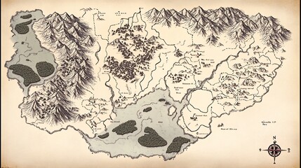Hand drawn map of a fantasy world with mountains, forests, lakes and rivers.