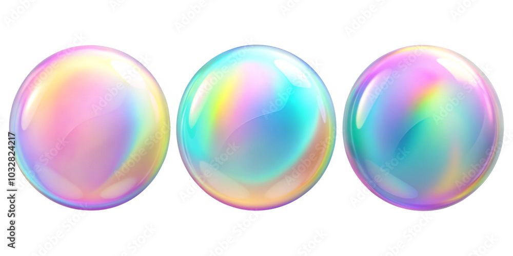 Poster set of 3d circle shape iridescent holographic bubble with gradient color pastel elements design, iso