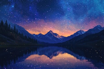 Fototapeta premium Mountain Lake Reflected Night Sky