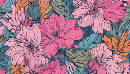 A decorative scarf featuring a hand-drawn pattern of colorful flowers in shades of pink, complemented by vibrant hues of yellow and green.