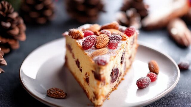 Slice of fruitcake with nuts and dried fruits on a white plate