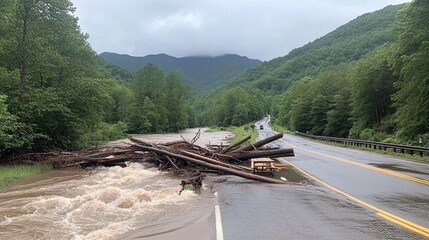 Massive floodwaters have destroyed the road adjacent to a West Virginia store, scattering trees and debris, while the river flows at a dangerously high level.