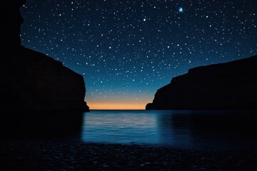 Silhouetted Cliffs Framing a Starry Night Sky Over a Calm Sea