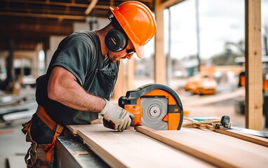Construction worker wearing a hardhat and ear protection cuts wood with a circular saw.