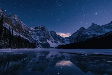 Starry Night Reflection Over Frozen Lake and Mountain Range