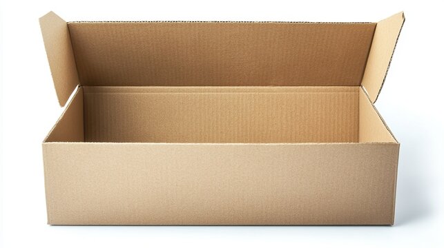 Front view of an isolated, open, brown cardboard packing box on a white background, lacking any shadows.