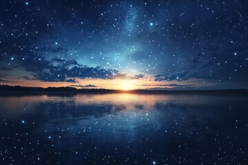 Starry Night Sky Reflected in Still Lake Water