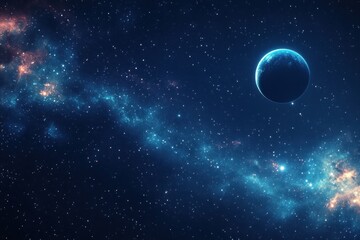 A lone planet against a backdrop of a starry night sky with a galaxy