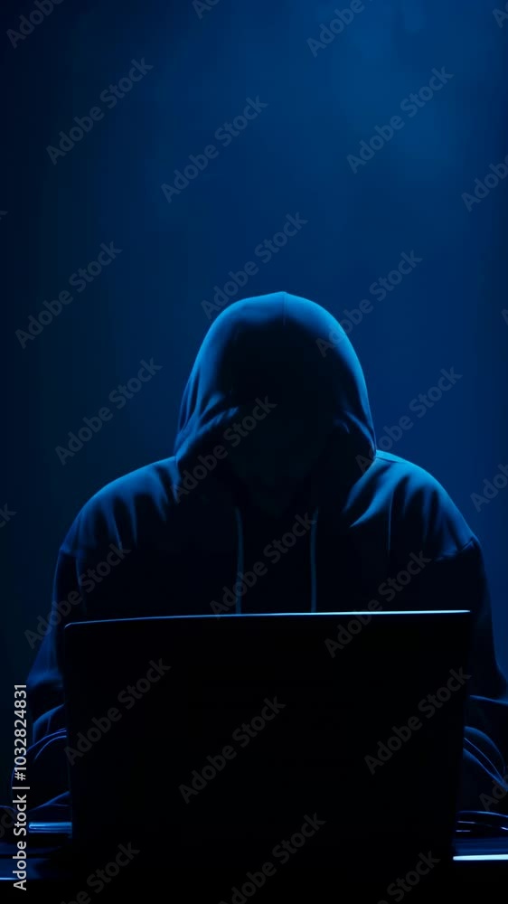 Aufkleber Hacker in a dimly lit room focuses intensely on programming on a laptop. The bright screen illuminating the shadows around them
