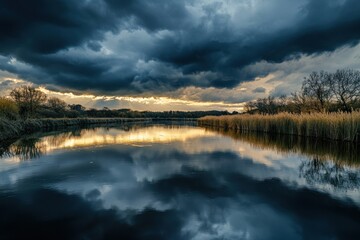 Obraz premium A Calm River Reflecting Dramatic Storm Clouds and Sunbeams at Sunset