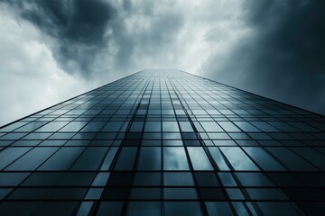 Fototapeta premium A Glass Skyscraper Reaches Upwards Through Stormy Clouds