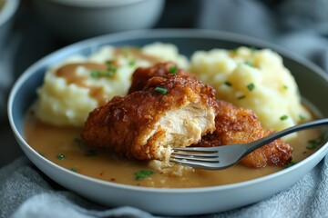 Golden-brown crispy fried chicken, tender and juicy, served with creamy mashed potatoes and rich gravy. A comforting meal!
