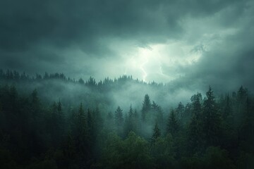 A Forest shrouded in mist and illuminated by a flash of lightning
