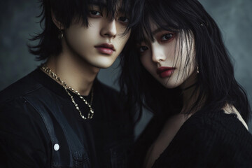 A young Japanese man and woman pose closely in stylish black clothing. Their serious expressions against a dark backdrop create a striking contrast that emphasizes their elegance and the connection