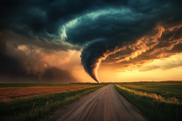 A Tornado Forming in a Dramatic Sunset Sky Over a Rural Road
