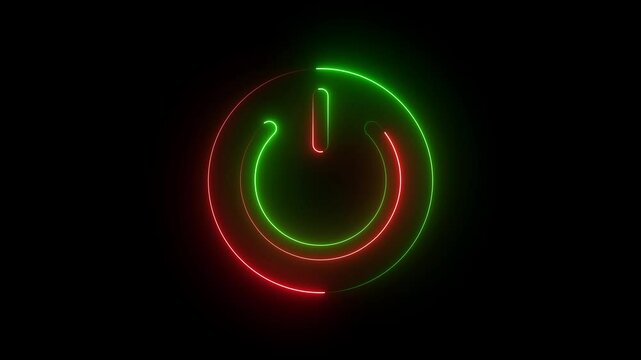 Neon glowing power button icon animated on a black background ,The appearance of neon symbol power off ,