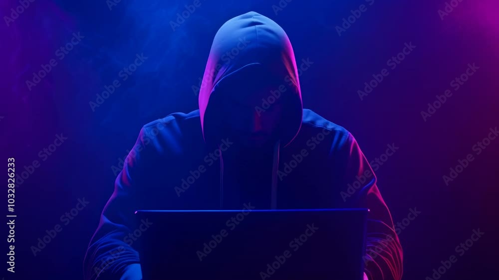 Poster Programmer hacker wearing a hoodie is intensely focused on coding on his laptop, illuminated by the vibrant glow of the screen in a dark room