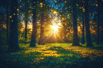 Obraz premium Sunset Glow Through a Forest with Sparkling Lights