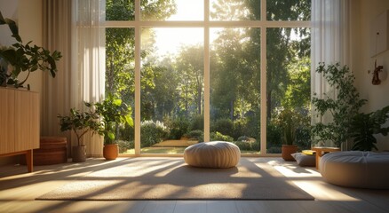 Fototapeta premium living room with a large window, with white floor-to-ceiling windows, beige walls, a carpet, potted plants, and small round cushions.