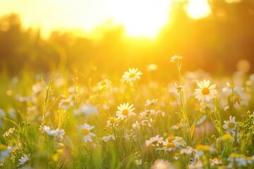 Sunlit Field of Daisies at Sunset