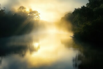 Naklejka premium Foggy Morning Sunlight on a Still River with Trees